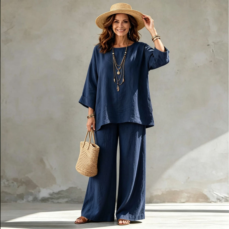Blended Fabric Crew-neck Shirt And Wide-leg Pants Set