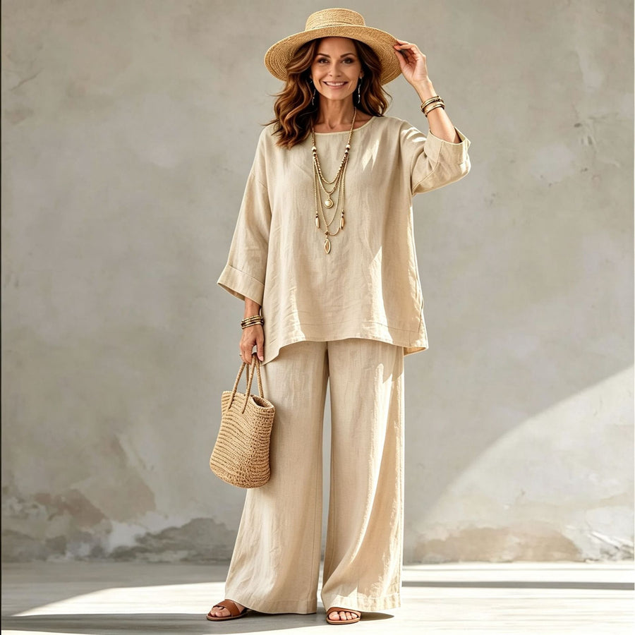Blended Fabric Crew-neck Shirt And Wide-leg Pants Set