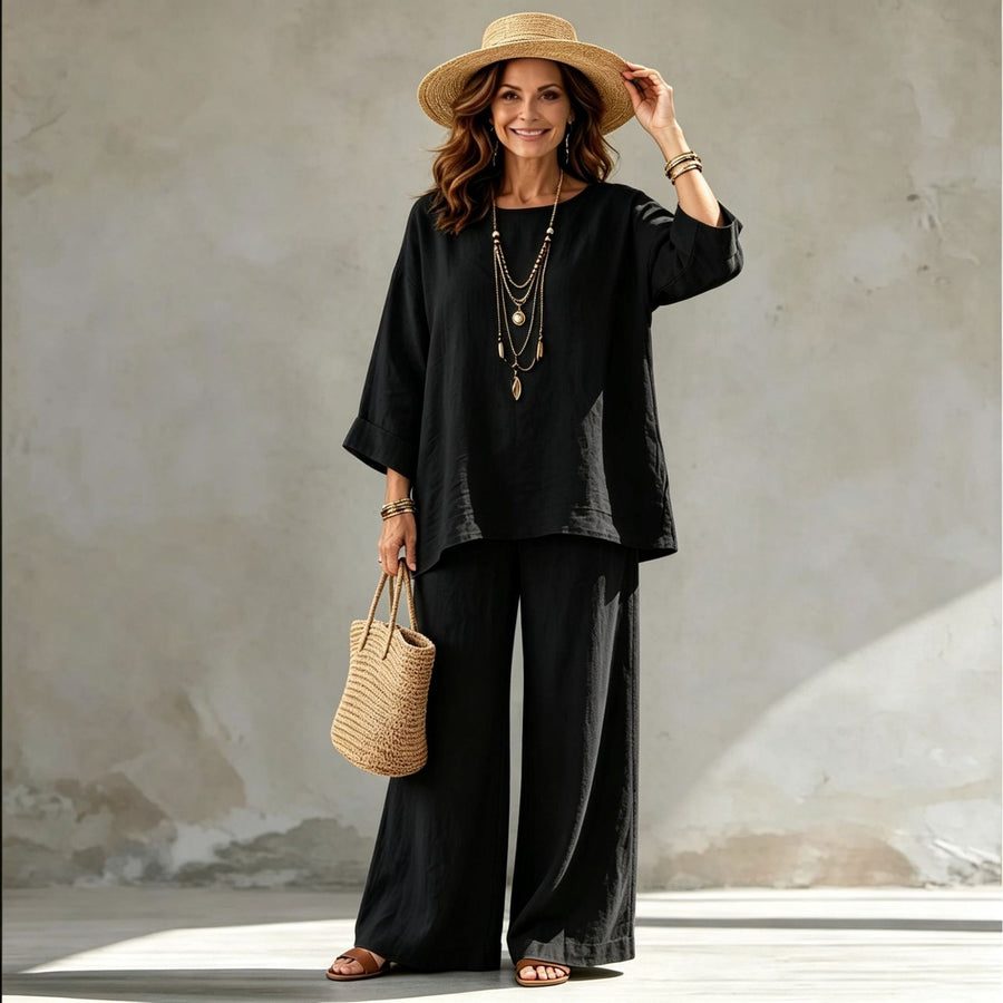Blended Fabric Crew-neck Shirt And Wide-leg Pants Set