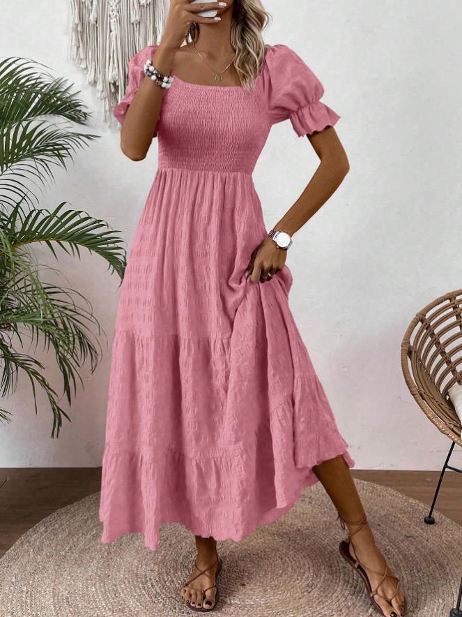 Square-neck Waist-cinched Elegant Short-sleeved Dress