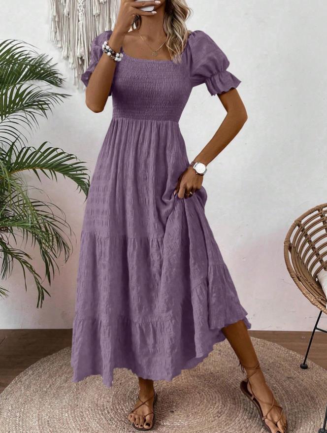 Square-neck Waist-cinched Elegant Short-sleeved Dress