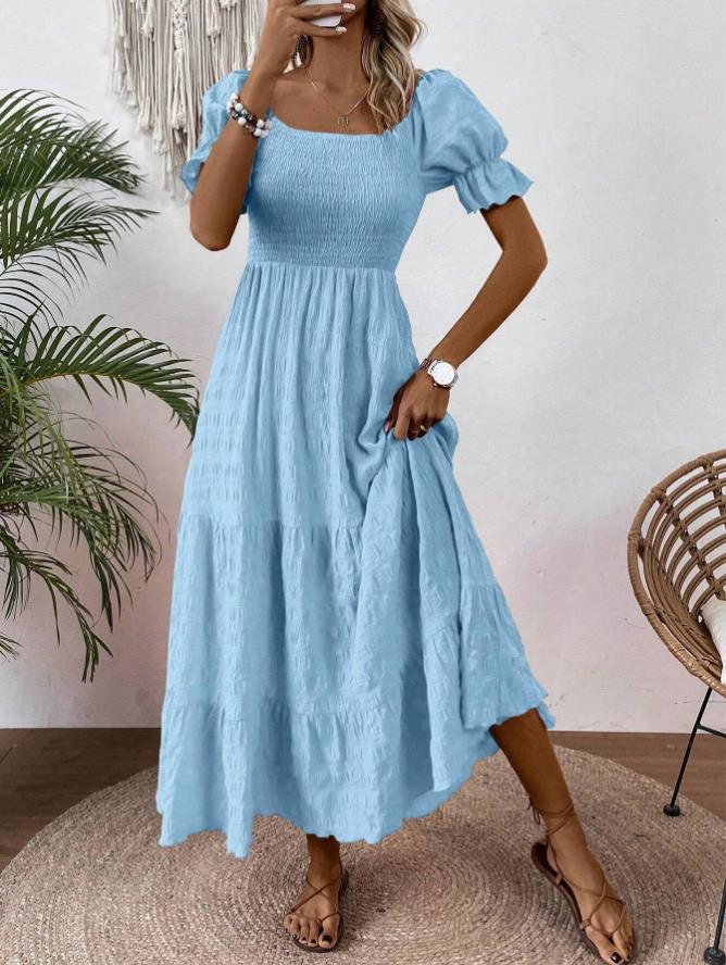 Square-neck Waist-cinched Elegant Short-sleeved Dress