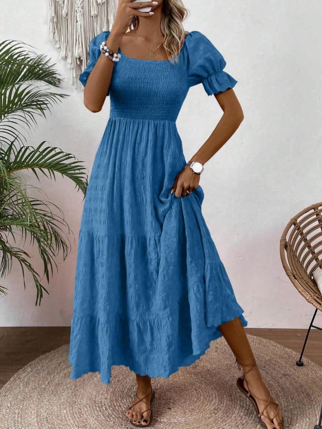 Square-neck Waist-cinched Elegant Short-sleeved Dress