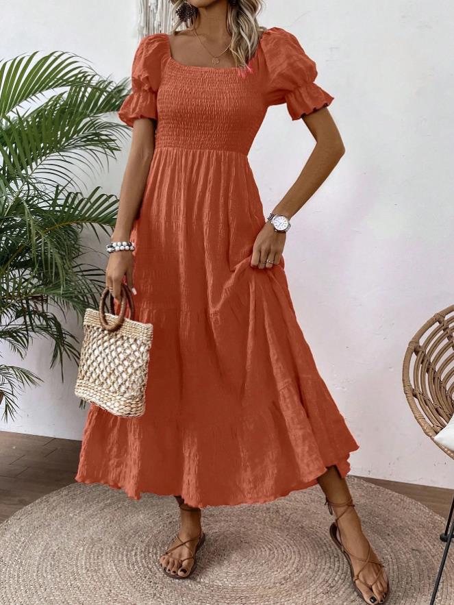 Square-neck Waist-cinched Elegant Short-sleeved Dress