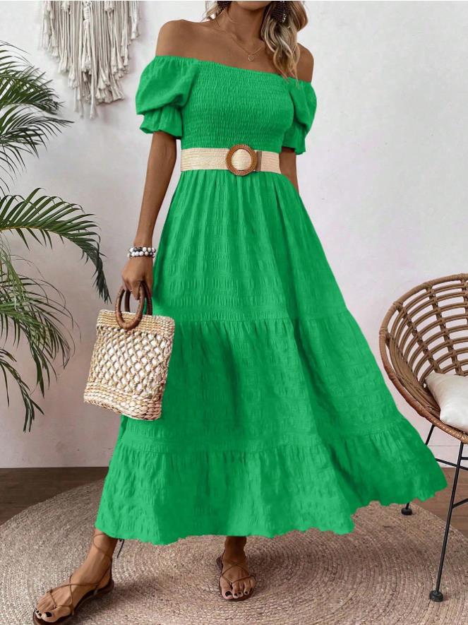 Square-neck Waist-cinched Elegant Short-sleeved Dress