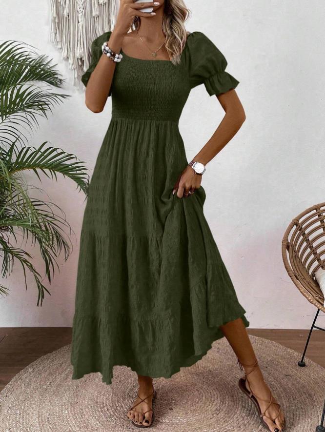 Square-neck Waist-cinched Elegant Short-sleeved Dress
