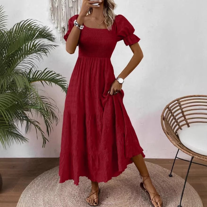 Square-neck Waist-cinched Elegant Short-sleeved Dress