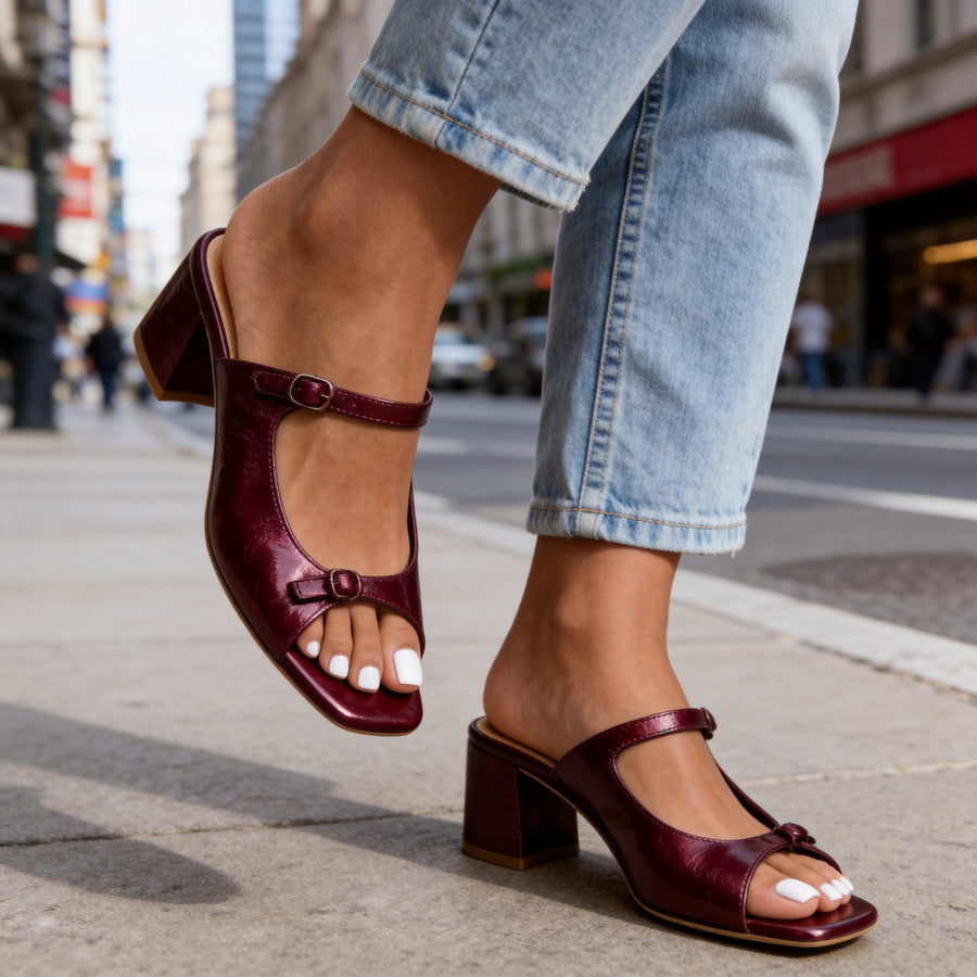 Square-toe Open-toe Chunky-heeled Color-block High Heels