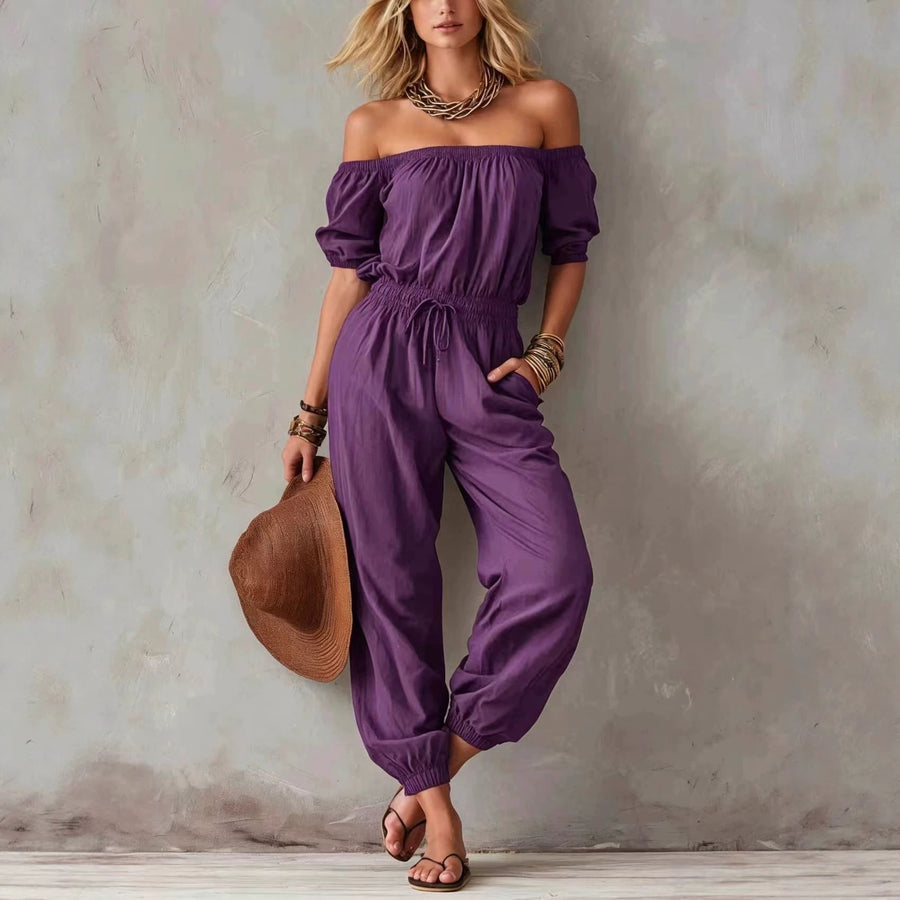 Off-shoulder Lace-up Casual Jumpsuit with Waist Chain