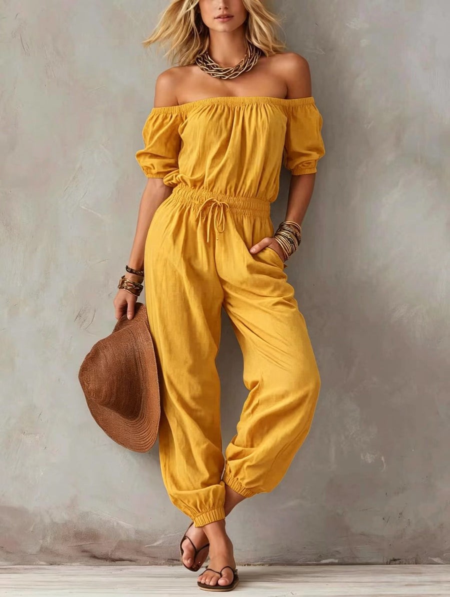 Off-shoulder Lace-up Casual Jumpsuit with Waist Chain