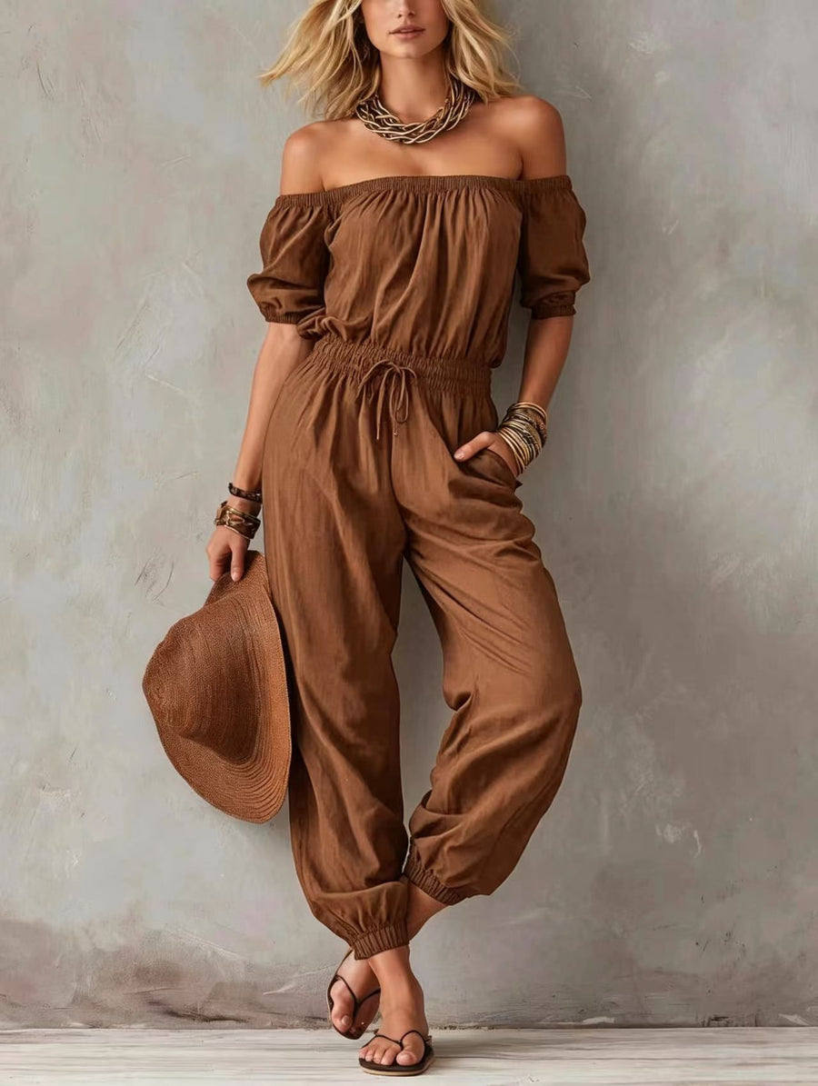 Off-shoulder Lace-up Casual Jumpsuit with Waist Chain
