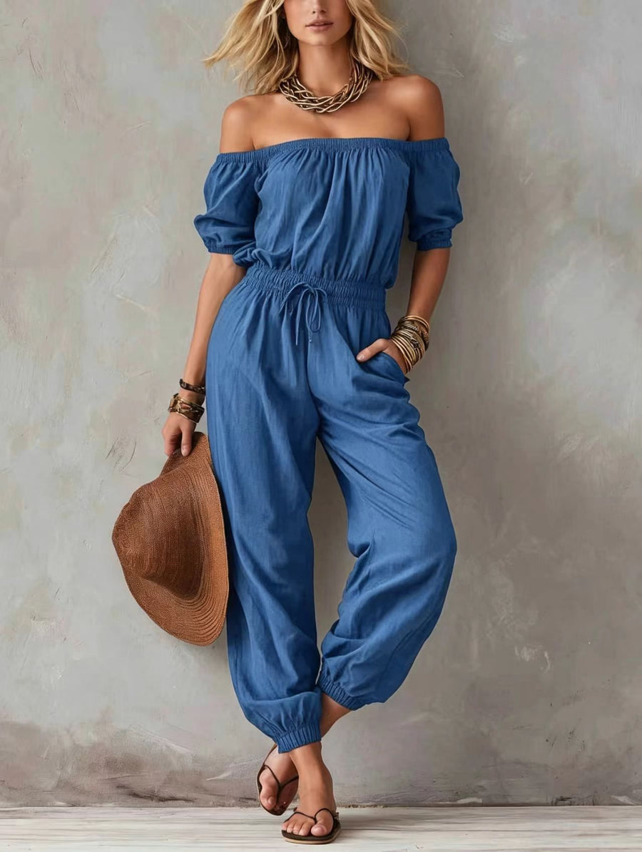 Off-shoulder Lace-up Casual Jumpsuit with Waist Chain