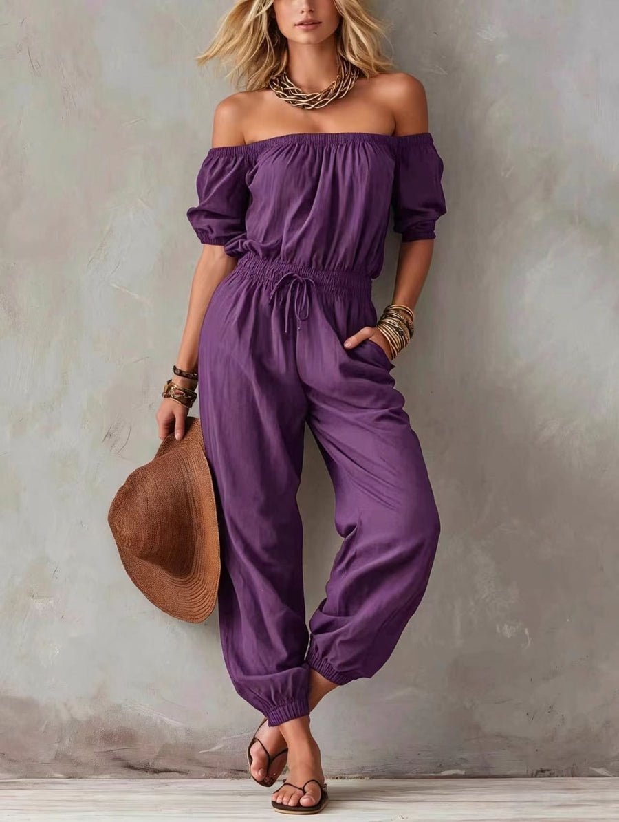 Off-shoulder Lace-up Casual Jumpsuit with Waist Chain