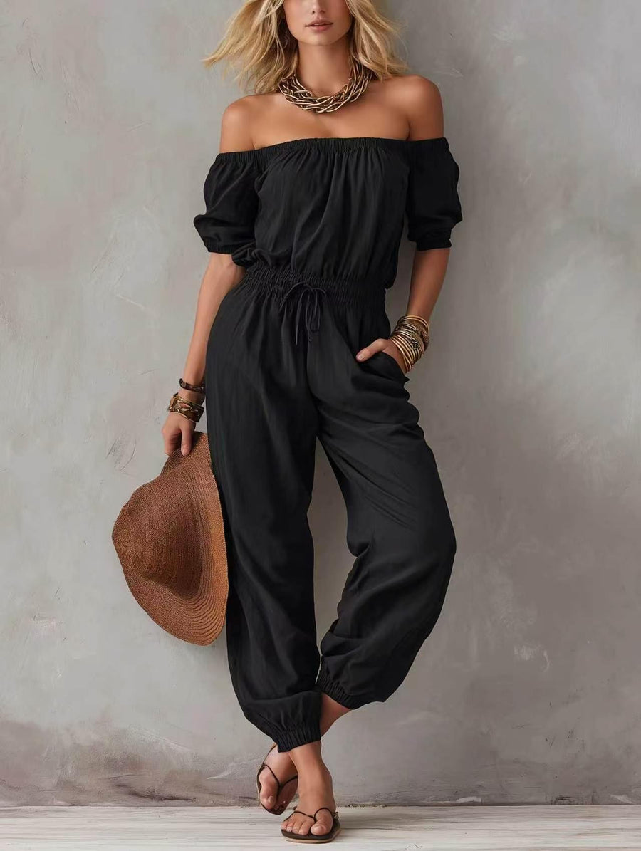 Off-shoulder Lace-up Casual Jumpsuit with Waist Chain