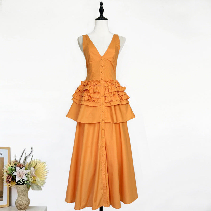 Retro Halter-neck Ruffled Tiered Midi Dress - Stylish Maxi Skirt