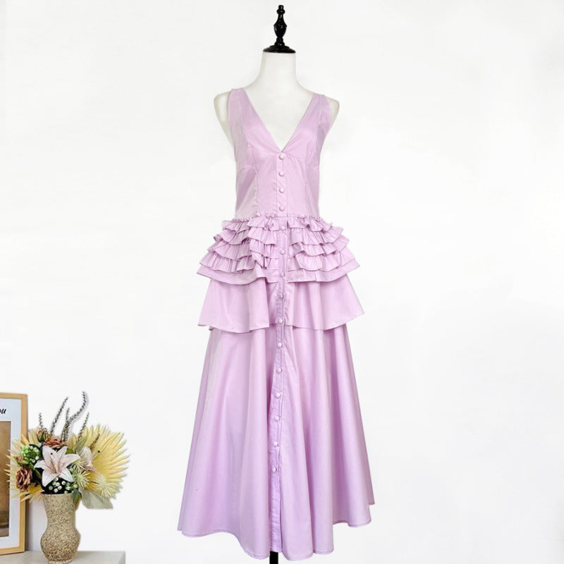 Retro Halter-neck Ruffled Tiered Midi Dress - Stylish Maxi Skirt