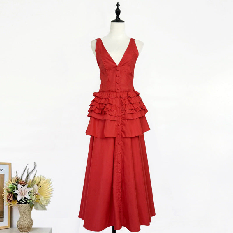 Retro Halter-neck Ruffled Tiered Midi Dress - Stylish Maxi Skirt