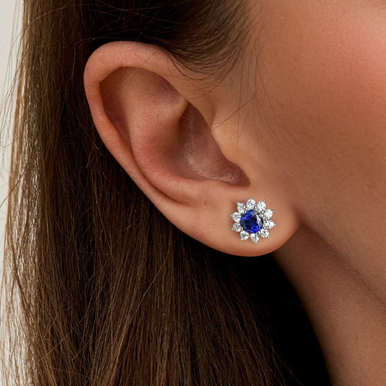Sapphire Sunflower Stud Earrings - Elegant Floral Jewelry