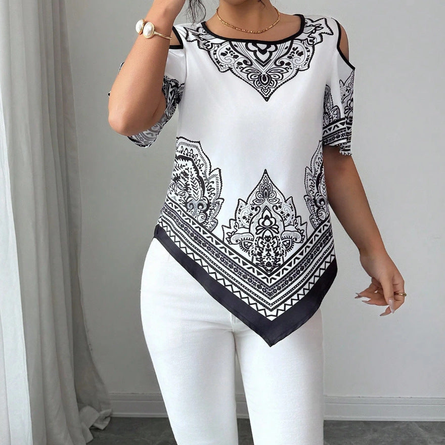 Floral-print Top with Round Neck and Off-the-shoulder Design