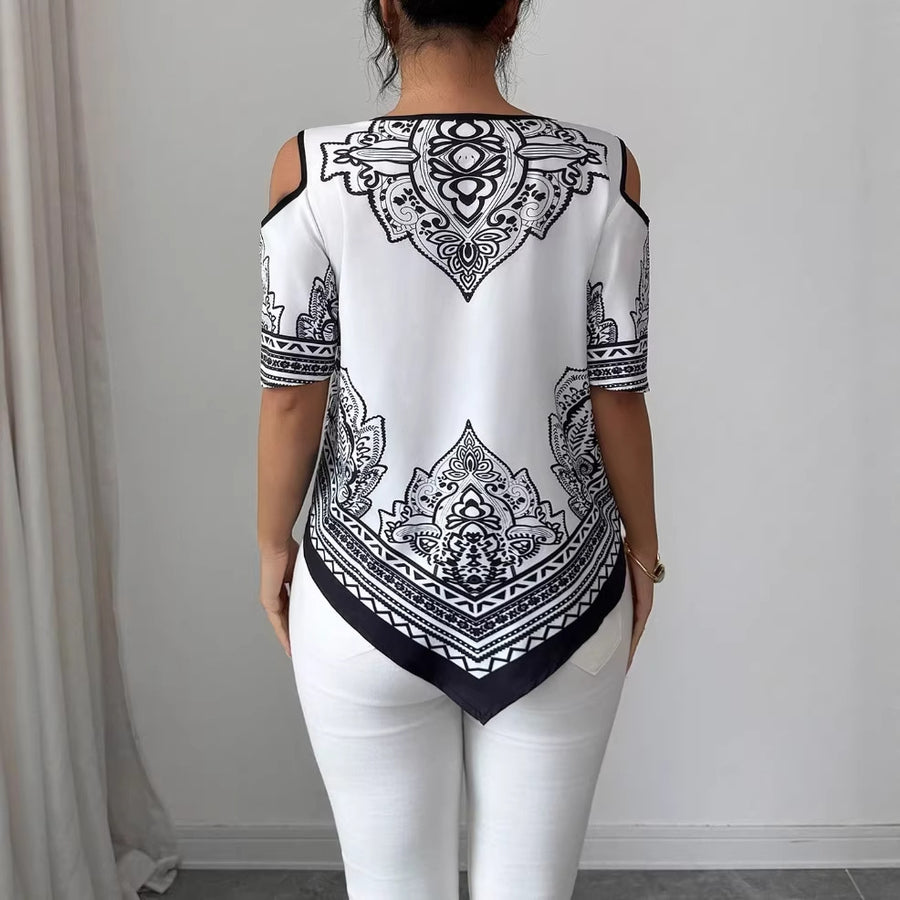 Floral-print Top with Round Neck and Off-the-shoulder Design