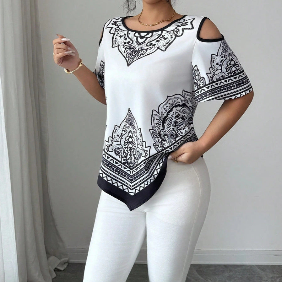 Floral-print Top with Round Neck and Off-the-shoulder Design