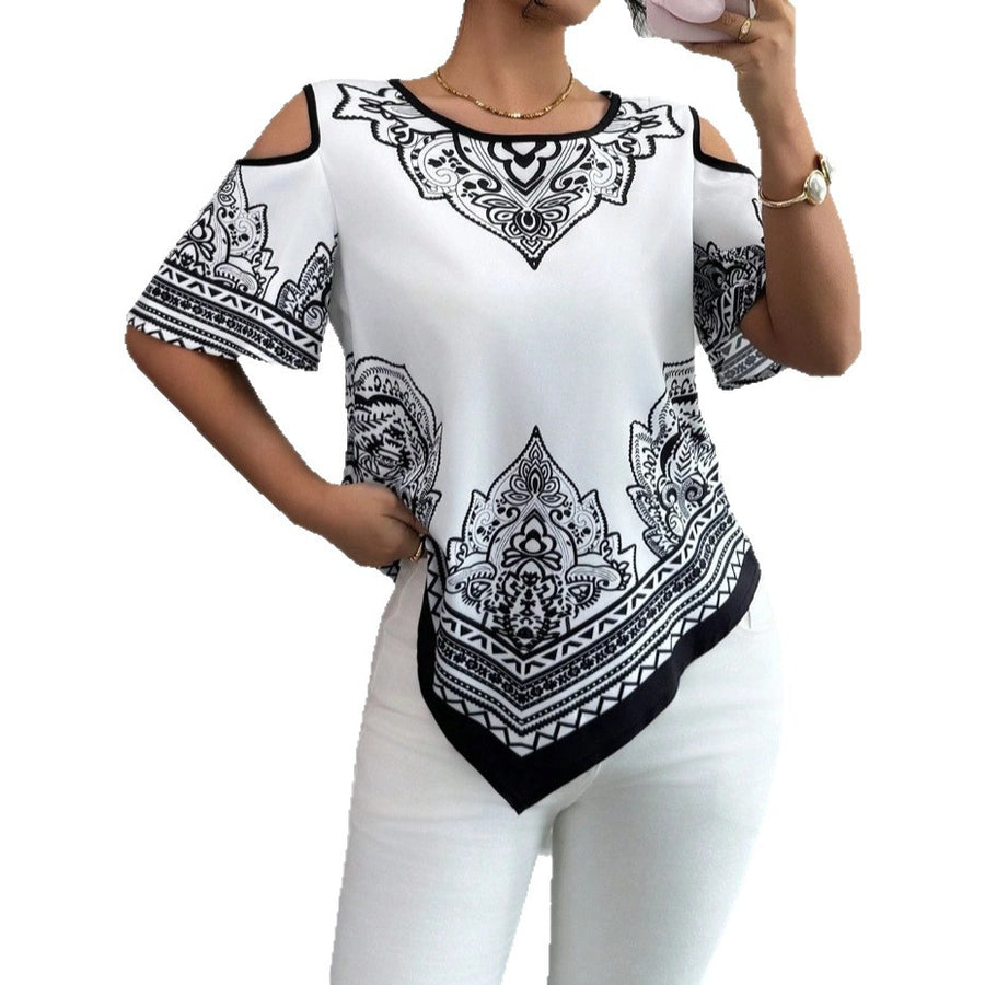Floral-print Top with Round Neck and Off-the-shoulder Design