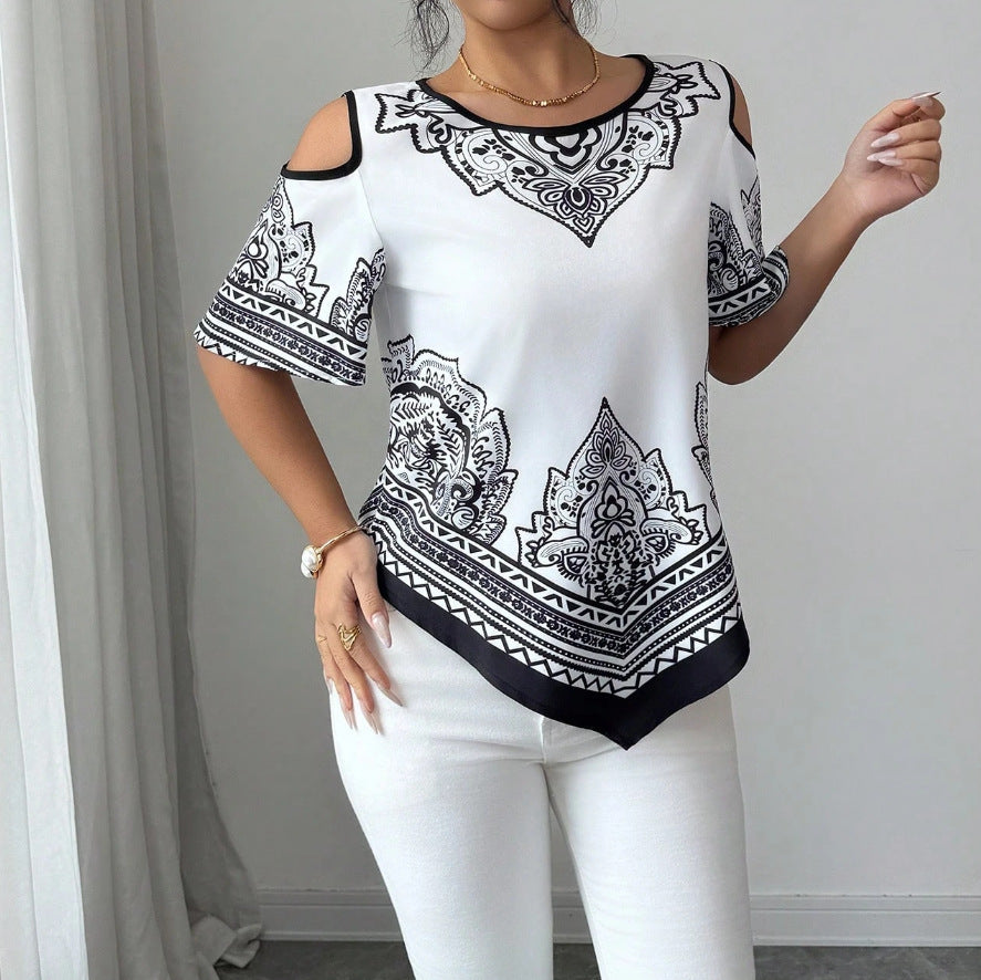 Floral-print Top with Round Neck and Off-the-shoulder Design