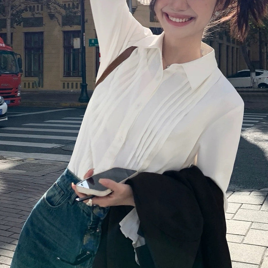Casual French-style White Women's Blouse for Effortless Elegance
