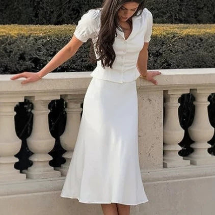 Elegant Lapel Single-Breasted Top and Sheath Skirt Set