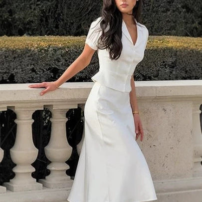 Elegant Lapel Single-Breasted Top and Sheath Skirt Set