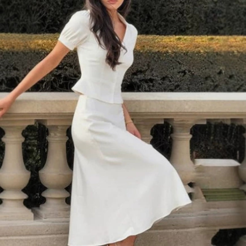 Elegant Lapel Single-Breasted Top and Sheath Skirt Set