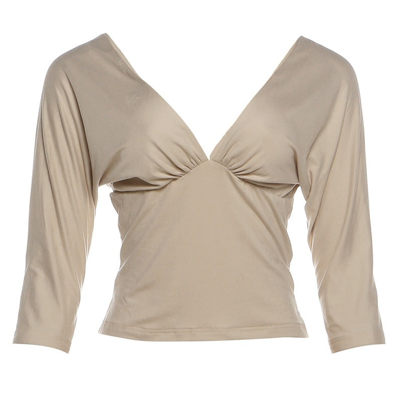 Three-Quarter Sleeve Solid-Color Waist-Cinching Top