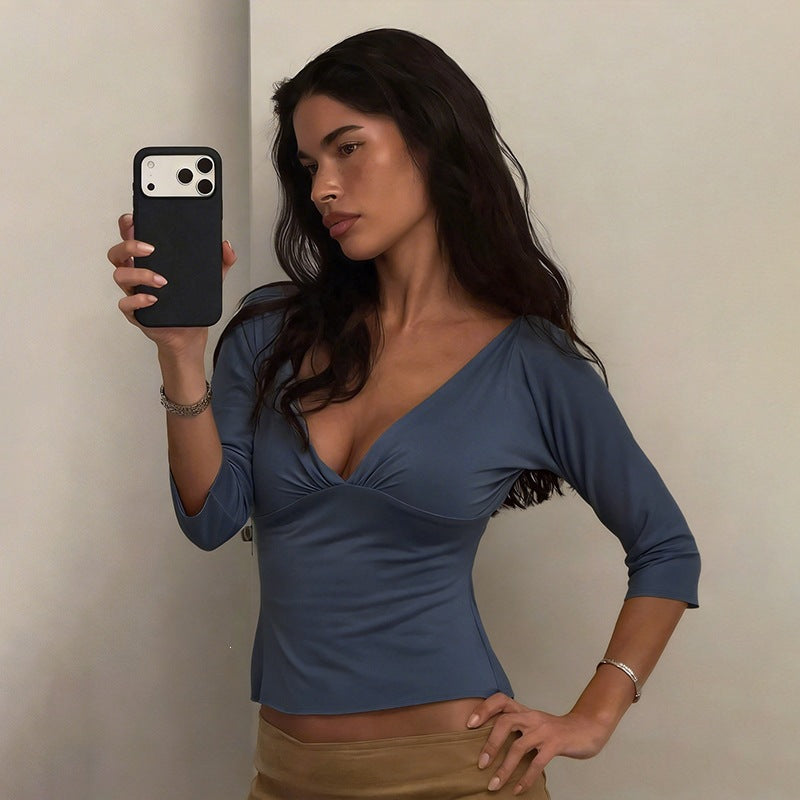 Three-Quarter Sleeve Solid-Color Waist-Cinching Top