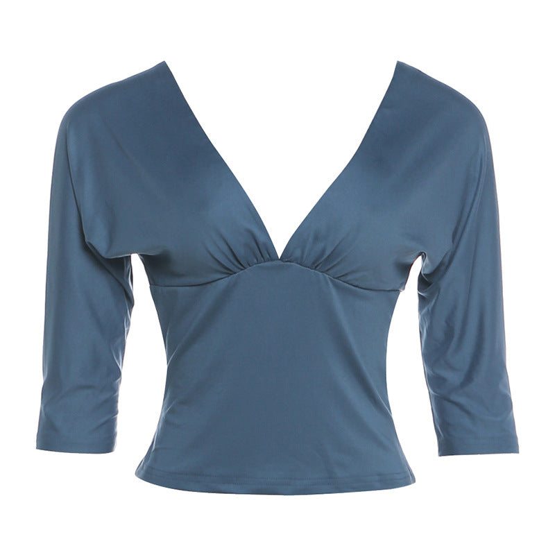 Three-Quarter Sleeve Solid-Color Waist-Cinching Top