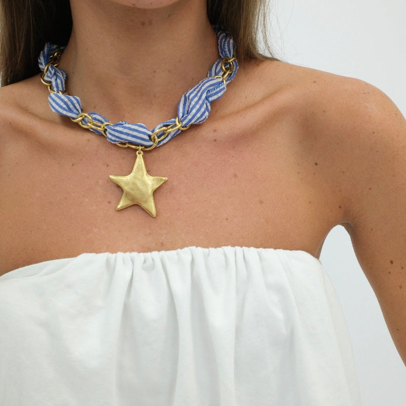 Love-themed Five-pointed Star Pendant Silk Scarf Ribbon Necklace