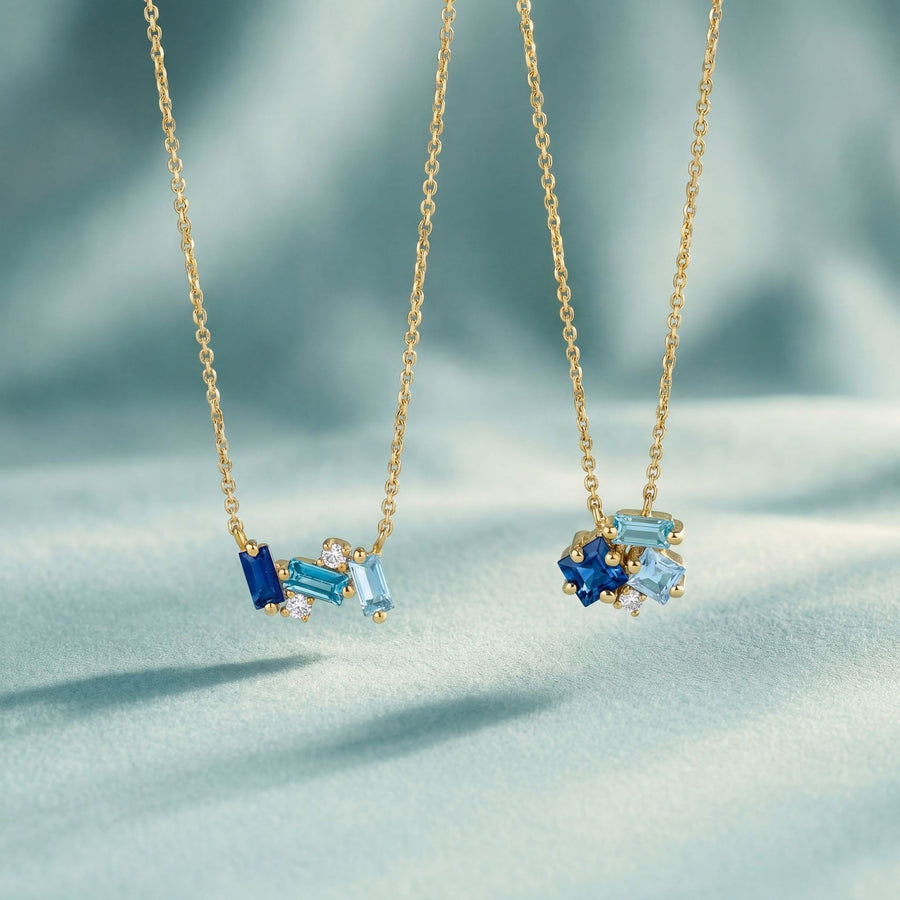 Blue Diamond Geometric Paved Gold Multi-Shape Necklace
