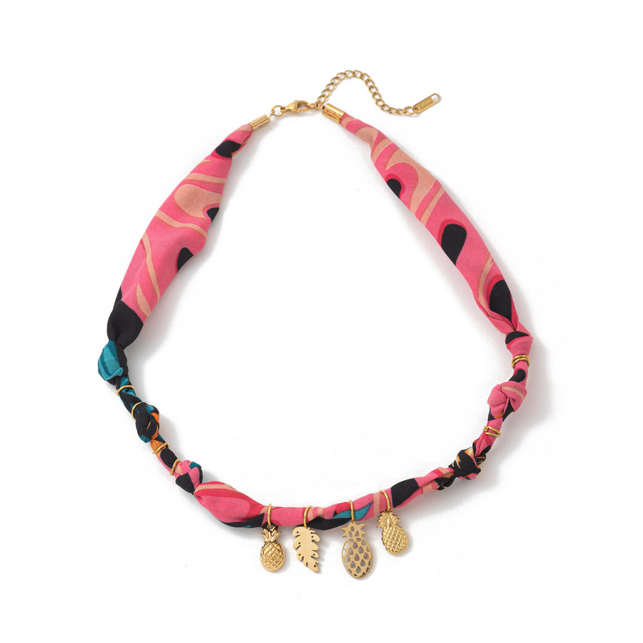 Colorful Flower and Shell Pendant Silk Scarf Necklace