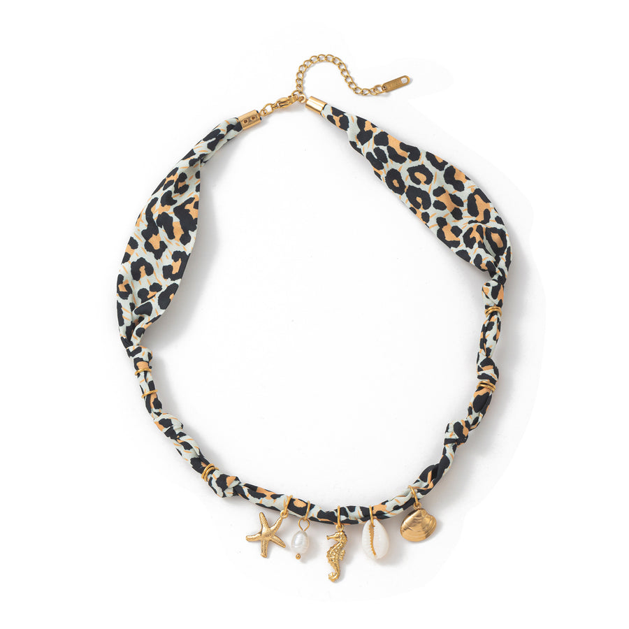 Colorful Flower and Shell Pendant Silk Scarf Necklace
