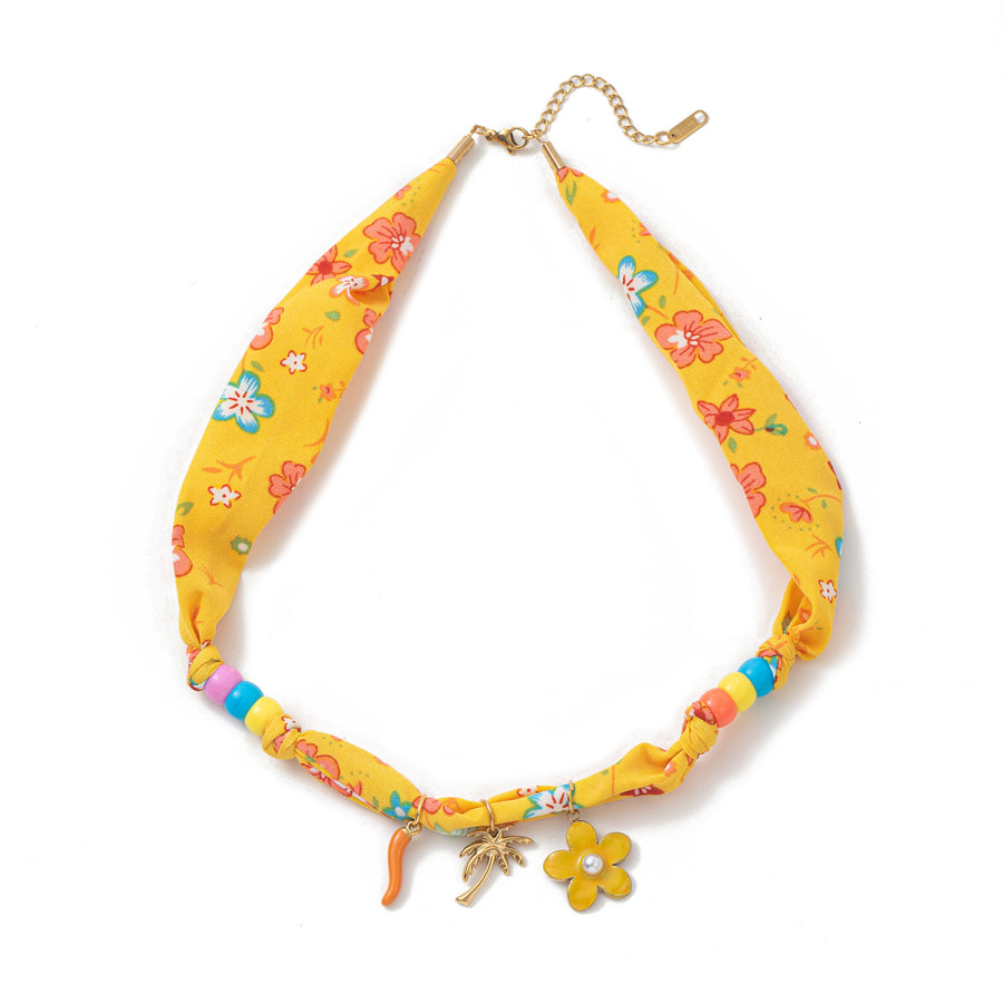 Colorful Flower and Shell Pendant Silk Scarf Necklace