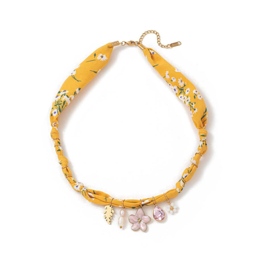 Colorful Flower and Shell Pendant Silk Scarf Necklace