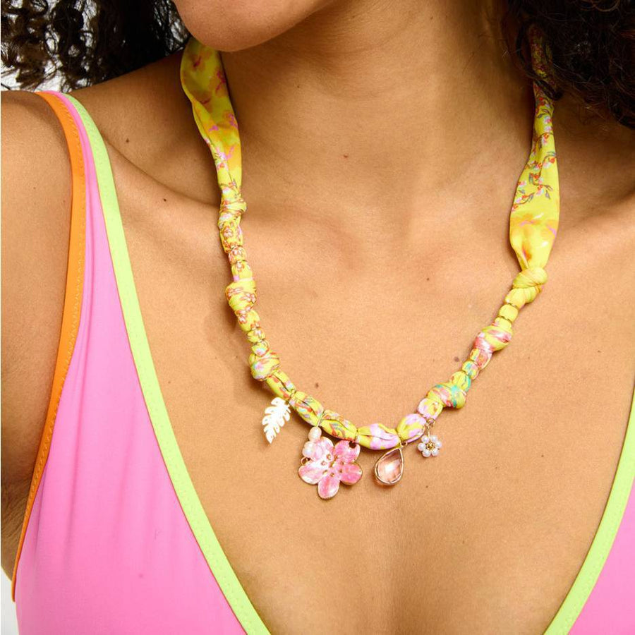 Colorful Flower and Shell Pendant Silk Scarf Necklace