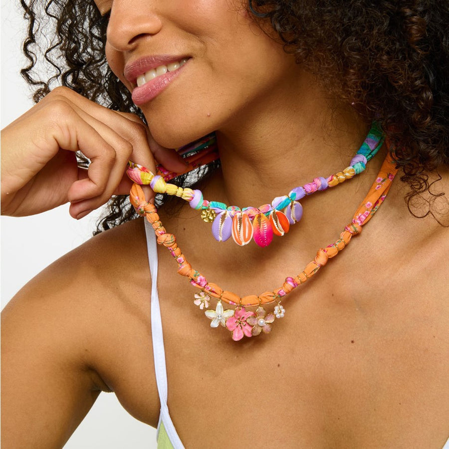 Colorful Flower and Shell Pendant Silk Scarf Necklace