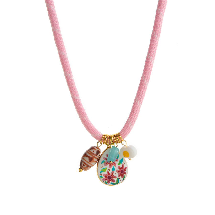 Colorful Flower and Shell Pendant Silk Scarf Necklace