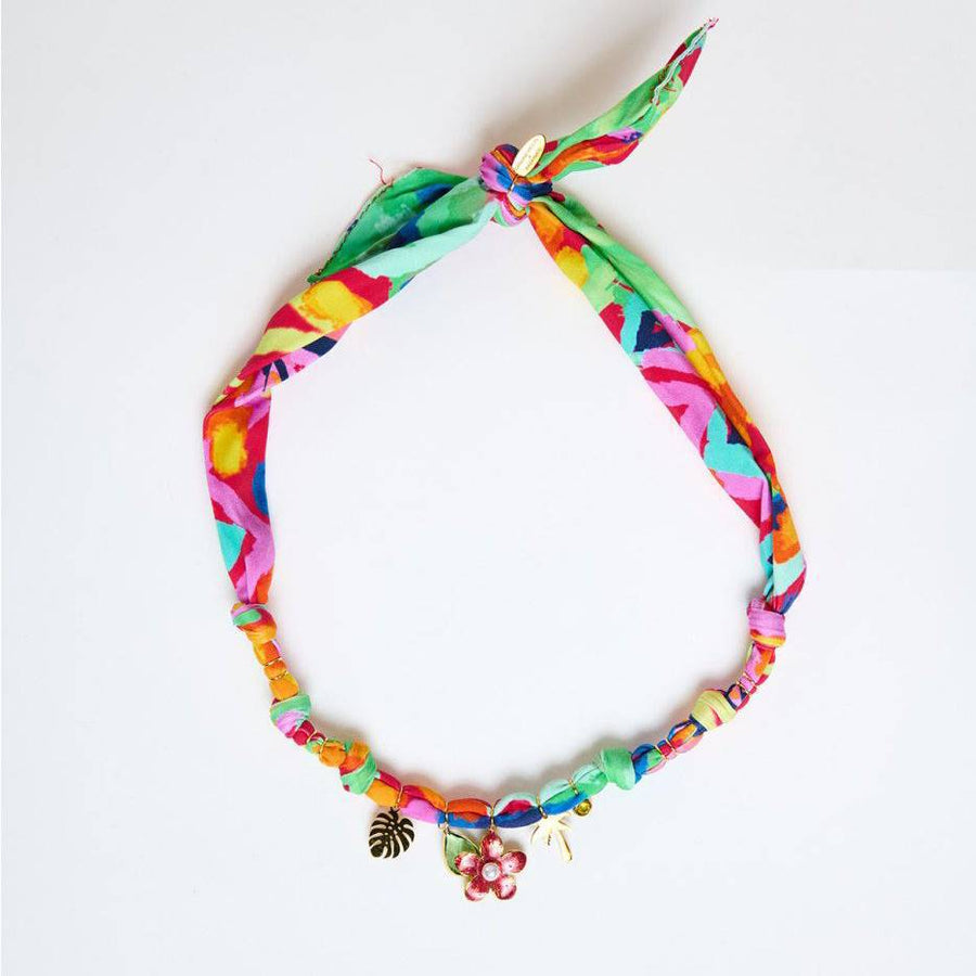 Colorful Flower and Shell Pendant Silk Scarf Necklace