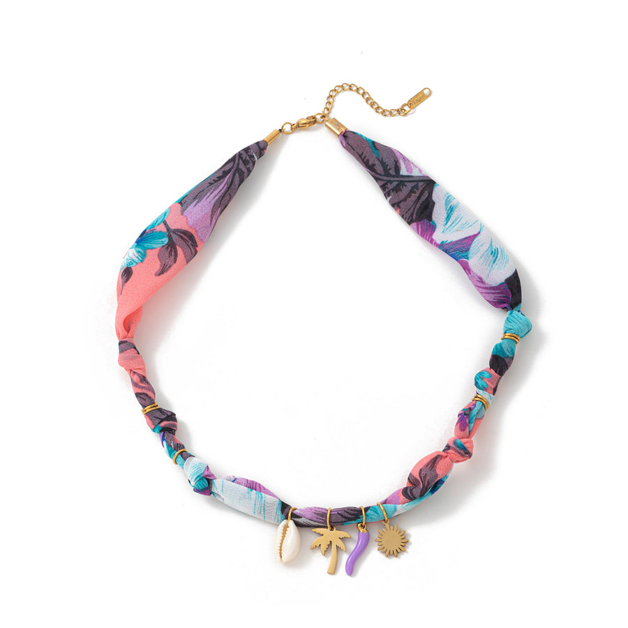 Colorful Flower and Shell Pendant Silk Scarf Necklace