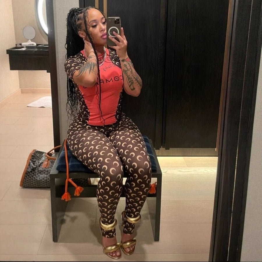 Womens Fashionable Moon-Print Stretch T-Shirt and Pants Set