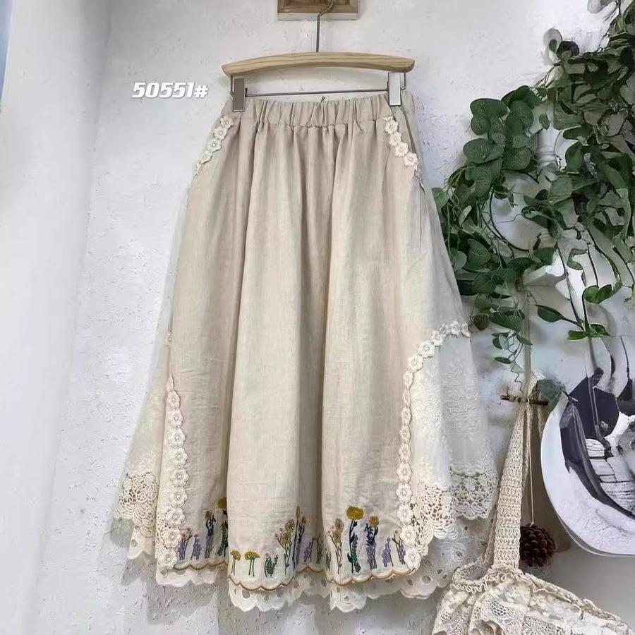 Japanese-style Forest-inspired Vintage Elastic-waist Skirt