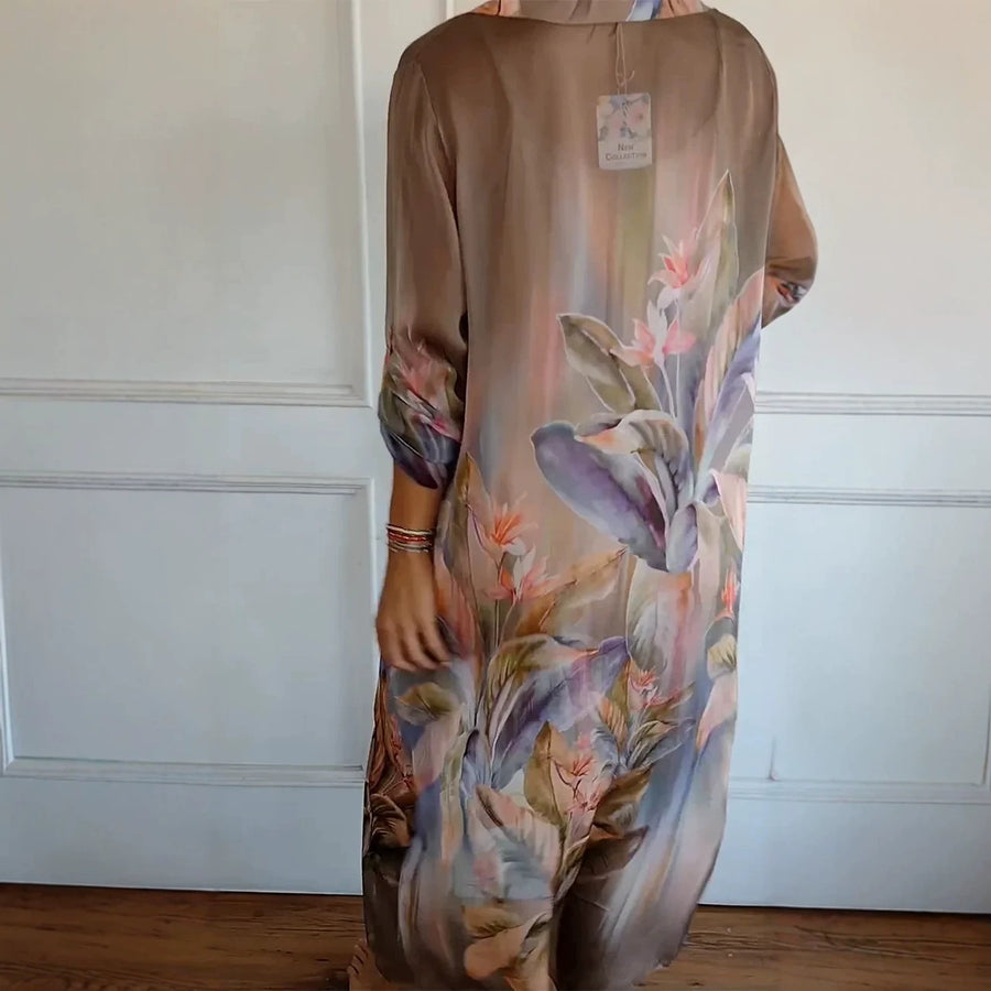 Printed-collar Long-sleeve Loose-fitting Maxi Dress