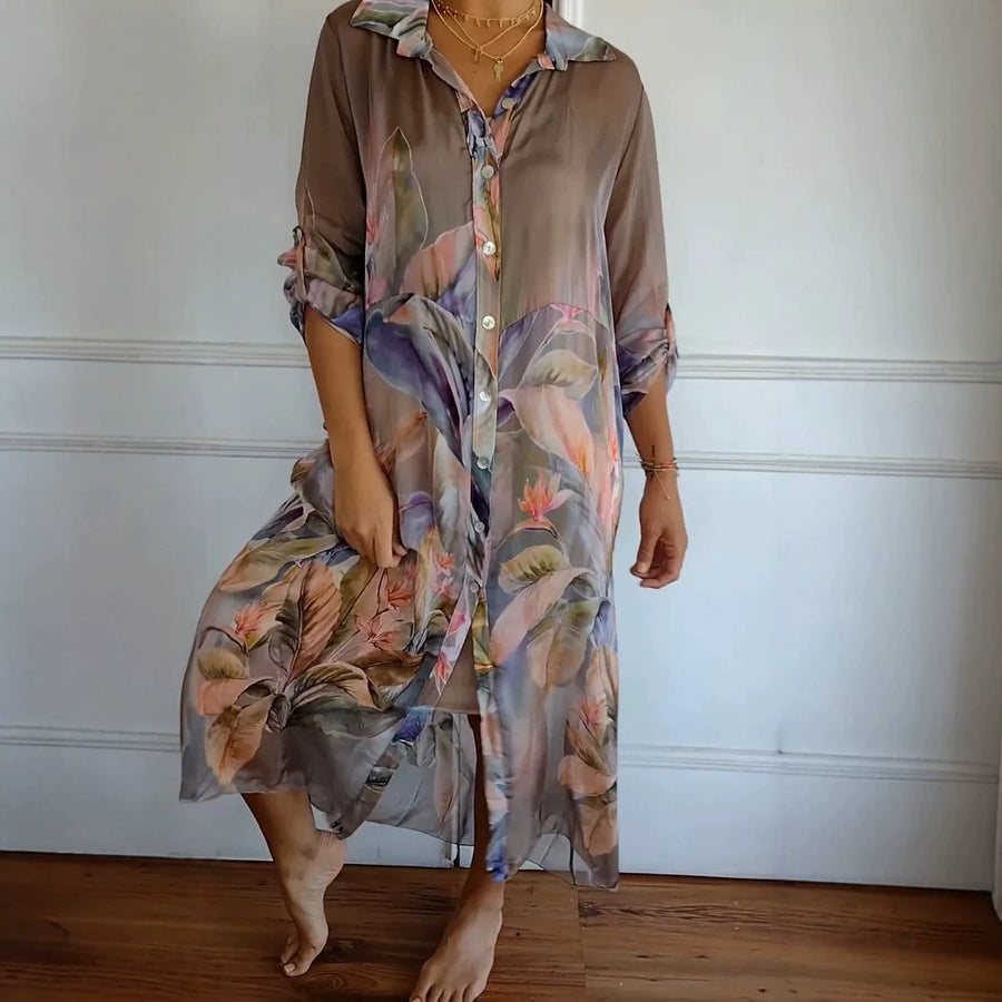 Printed-collar Long-sleeve Loose-fitting Maxi Dress