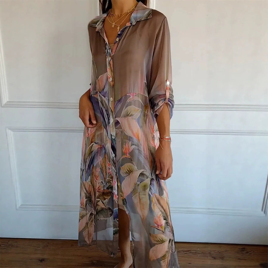Printed-collar Long-sleeve Loose-fitting Maxi Dress